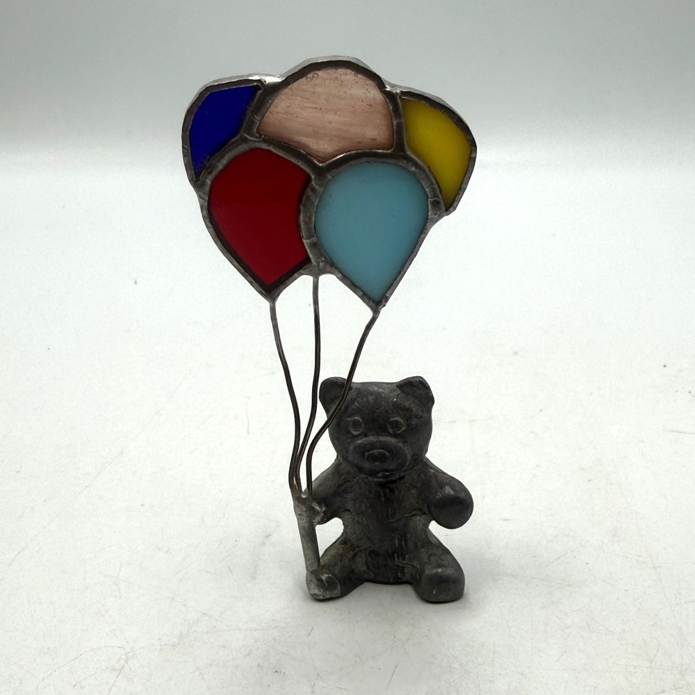 Vintage Pewter Metal Teddy Bear Figurine Stained Glass Balloons Miniature 4"